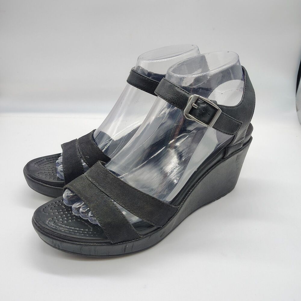 Crocs Leigh II Black Ankle Strap Wedge Sandals Womens Size 8 Comfort Platform